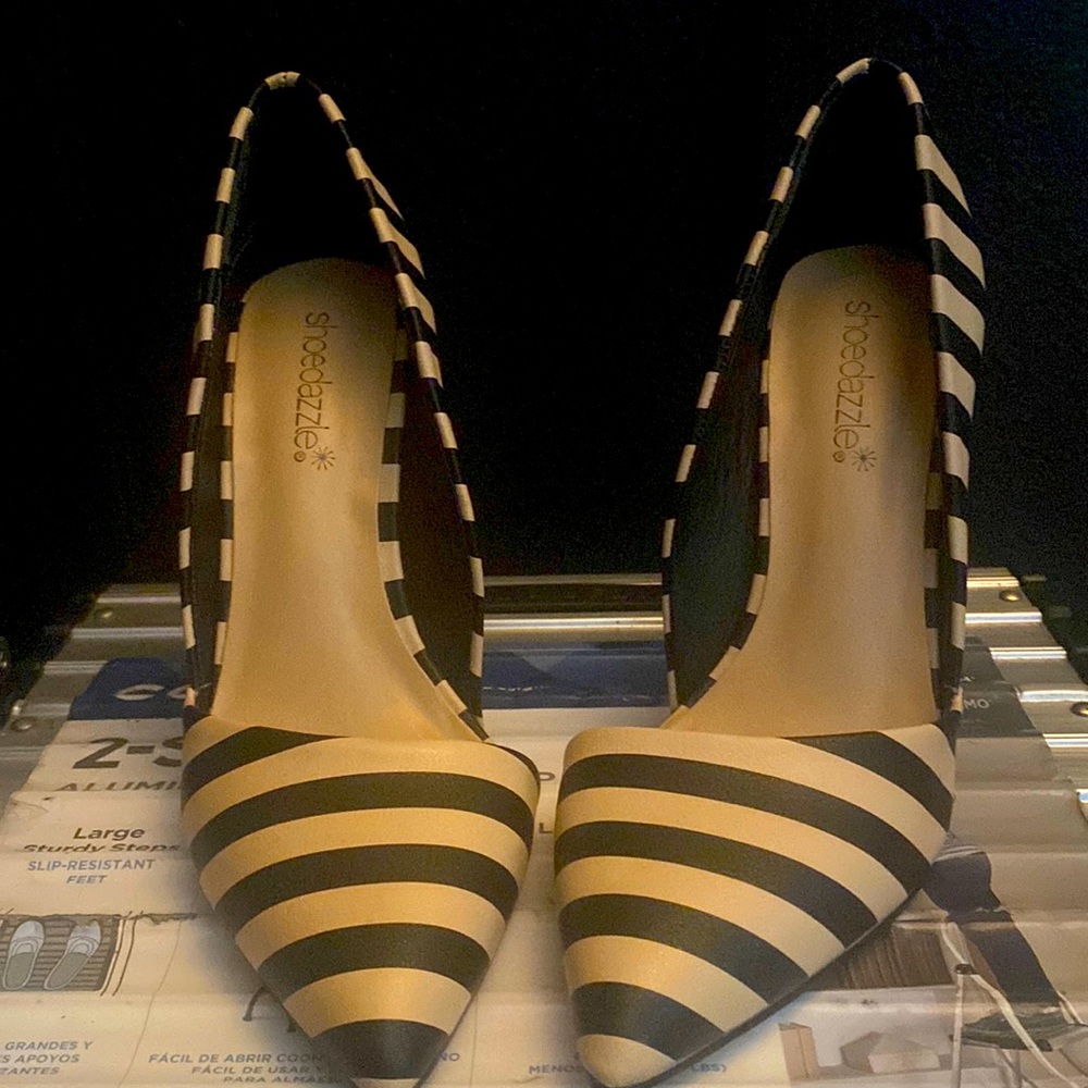 Black and bright stripped high heels! Worn 1x , fit too small. Size 7